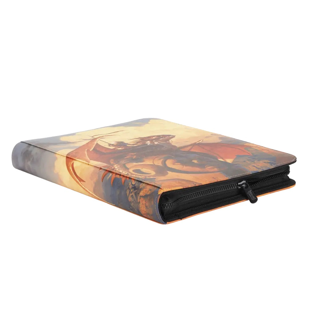 Closed zippered binder featuring detailed cover art of a large orange and red dragon