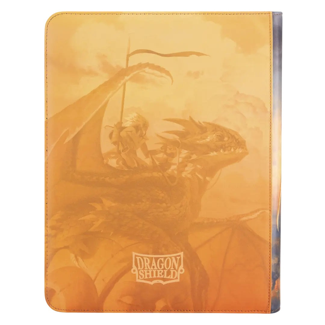 Golden card binder cover featuring a warrior riding a large flying dragon against a sunset background