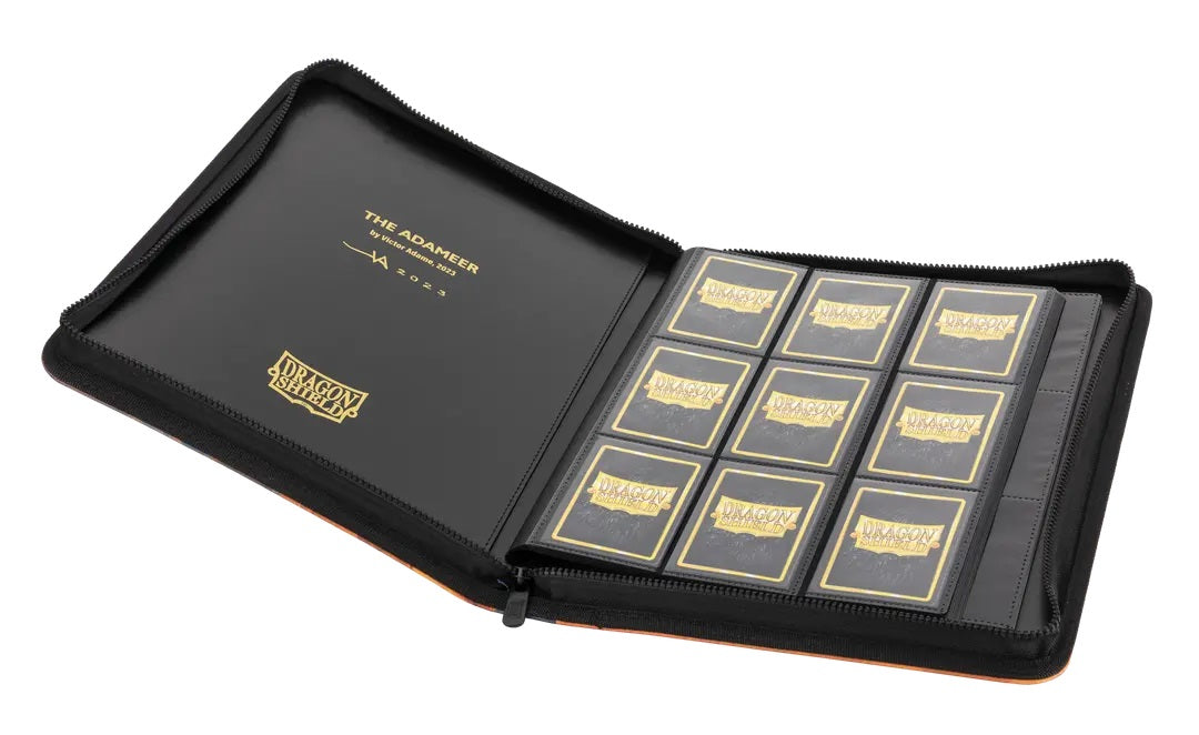 Open black binder displaying nine cards with gold Dragon Shield logos, secured in clear protector sheets