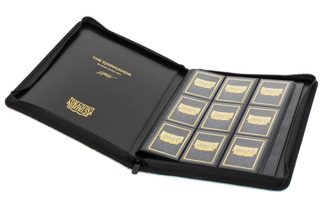 Open black Dragon Shield binder/portfolio for trading cards, displaying nine card sleeves with gold logos