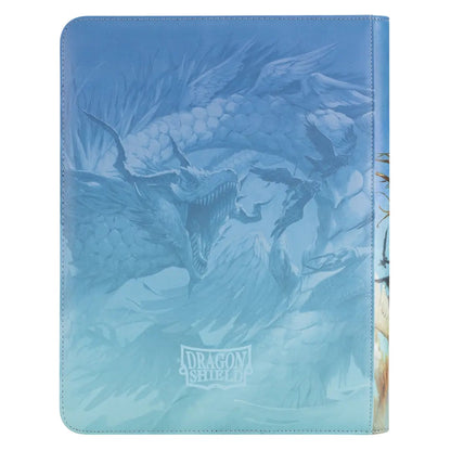 Dragon Shield blue zippered portfolio featuring fantasy art of a giant roaring white dragon and small winged figures