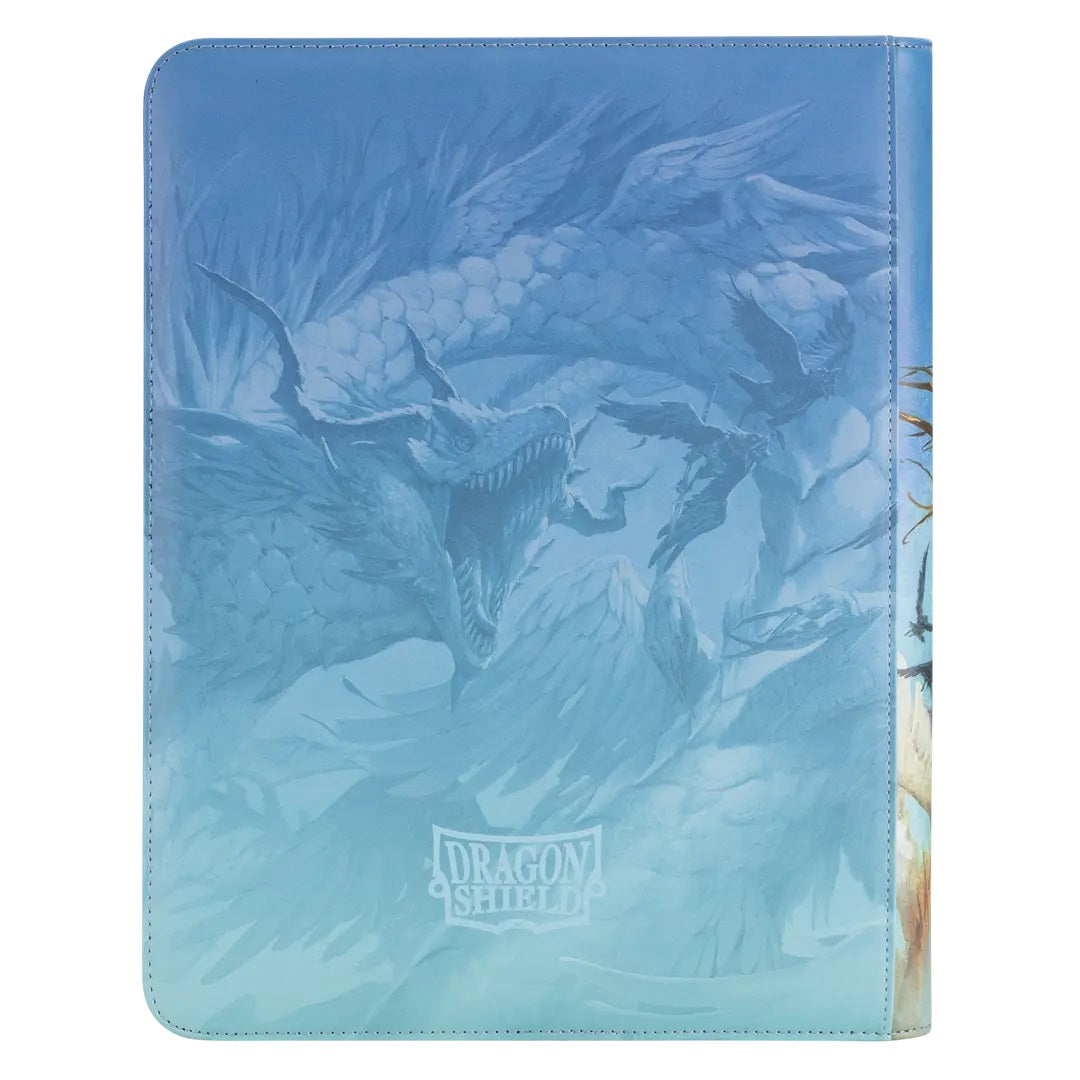 Dragon Shield blue zippered portfolio featuring fantasy art of a giant roaring white dragon and small winged figures