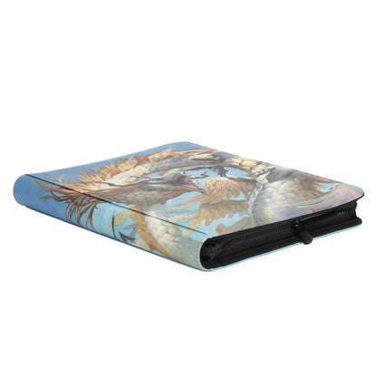 Closed zippered card binder featuring a detailed illustration of a flying feathered dragon roaring in the sky