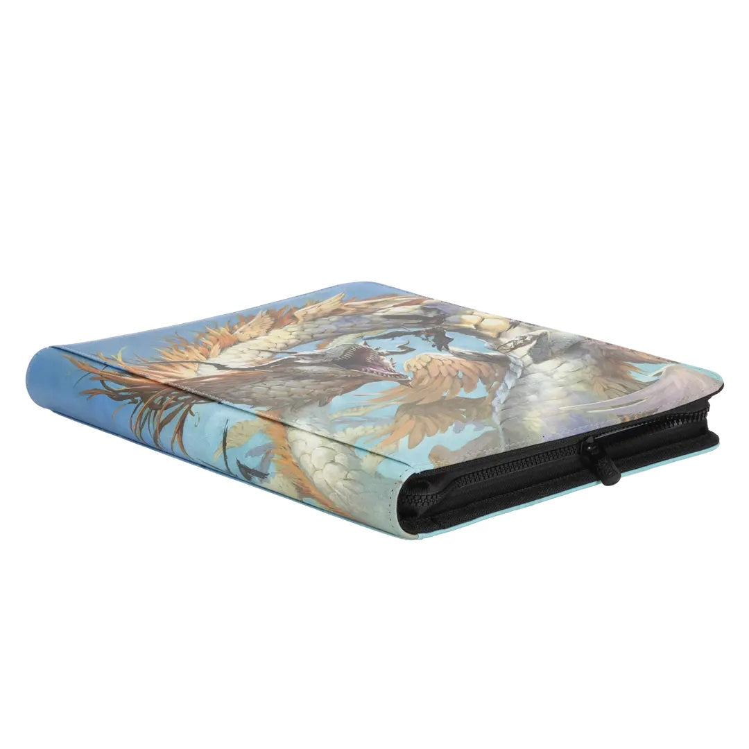 Closed zippered card binder featuring a detailed illustration of a flying feathered dragon roaring in the sky