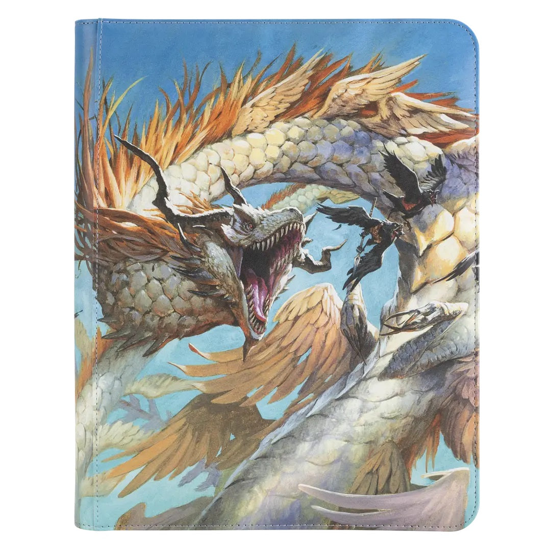 Detailed fantasy art of a ferocious, scaled dragon attacking a giant winged creature