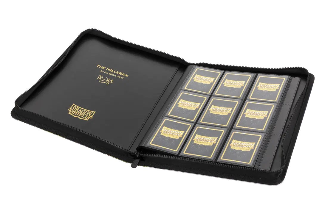 Black Dragon Shield zippered card portfolio, open, showing nine black and gold card sleeves