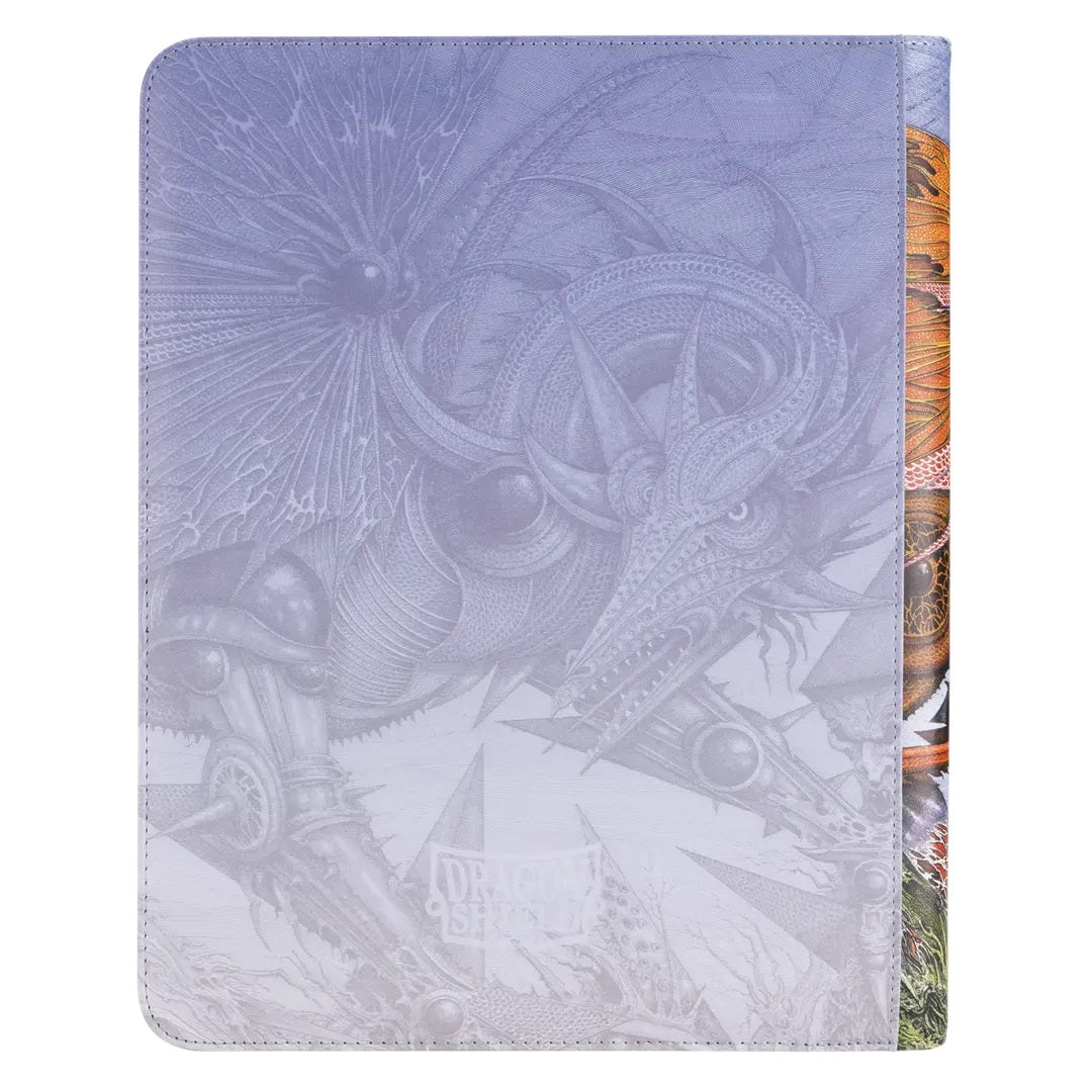 Muted lavender binder cover with a detailed engraving of a stylized, fierce dragon and mechanical elements
