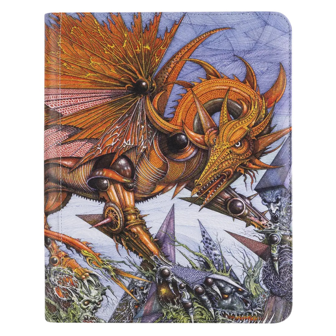 Detailed hatched artwork of a bronze biomechanical dragon towering over dark, grotesque figures