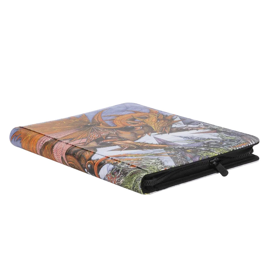 Zippered portfolio binder with fantasy artwork of a golden winged dragon creature against a landscape