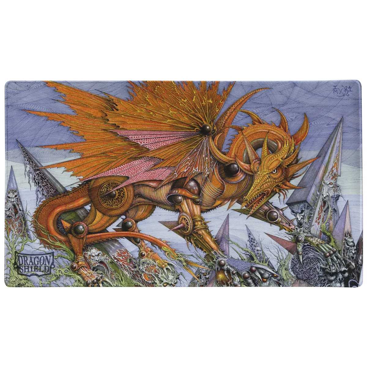 Orange, steampunk-style mechanical dragon with huge wings walking through a spiky, desolate landscape