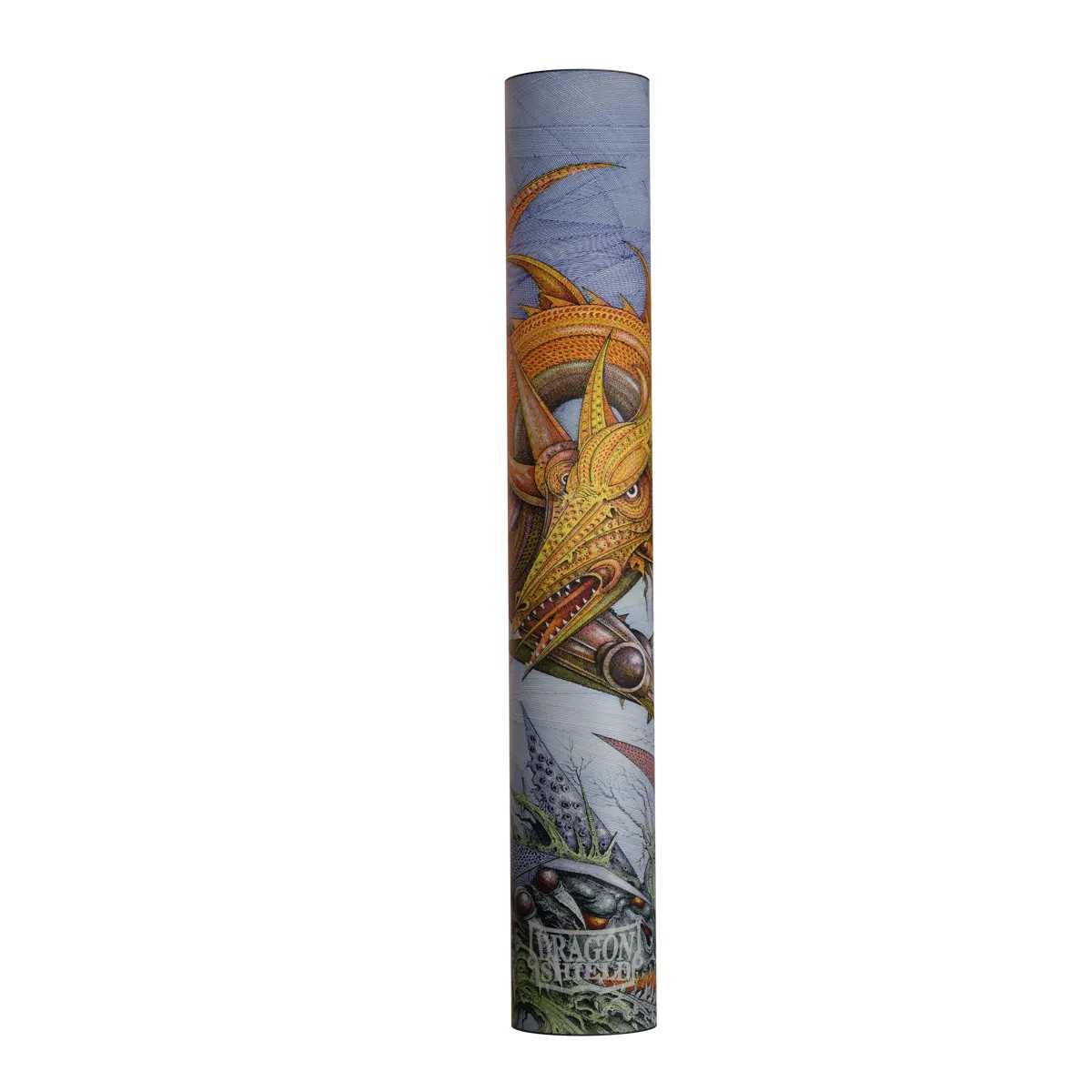 Cylindrical packaging tube featuring detailed orange and yellow dragon artwork and the Dragon Shield logo