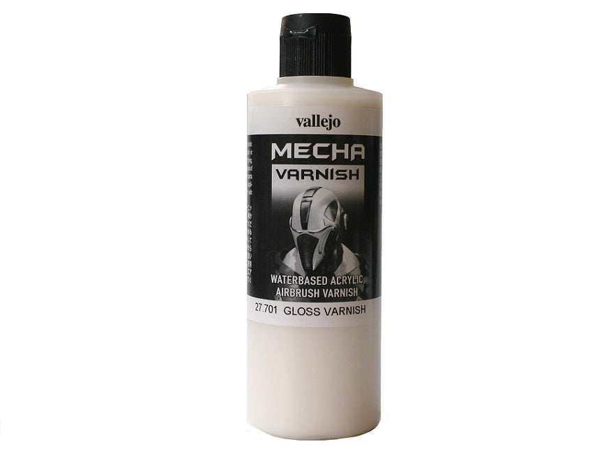 A white bottle of Vallejo Mecha Gloss Varnish, with a black label showing a futuristic helmet