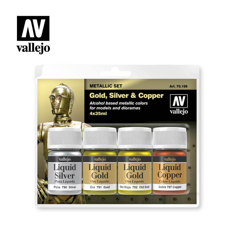 Vallejo Metallic Effects Gold, Silver, Old Gold & Copper (4) 35ml Old Formulation - Good Games