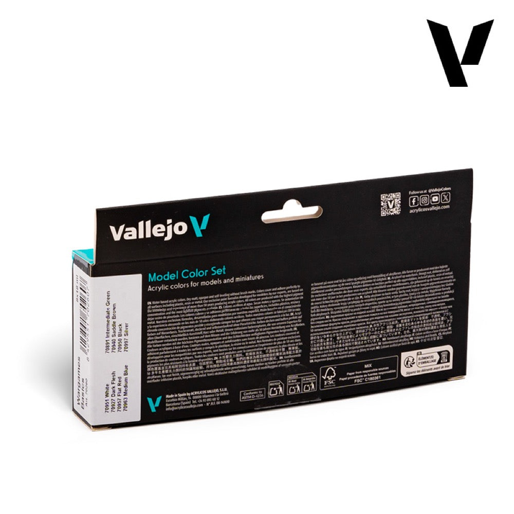 Black box of Vallejo Model Color Set acrylic paints for models and miniatures, showing product details and color list