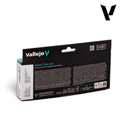 Black box of Vallejo Model Color Set acrylic paints for models and miniatures, showing product details and color list