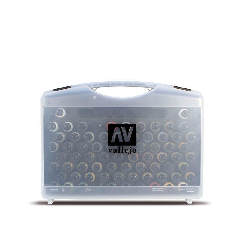 A clear plastic Vallejo carrying case filled with dozens of small paint bottles and different colors