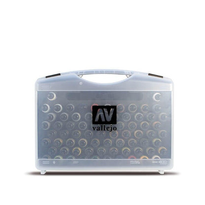 A clear plastic Vallejo carrying case filled with dozens of small paint bottles and different colors