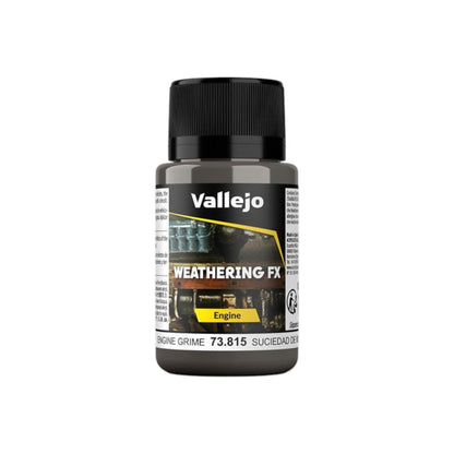 A dark gray Vallejo Weathering FX Engine Grime paint bottle