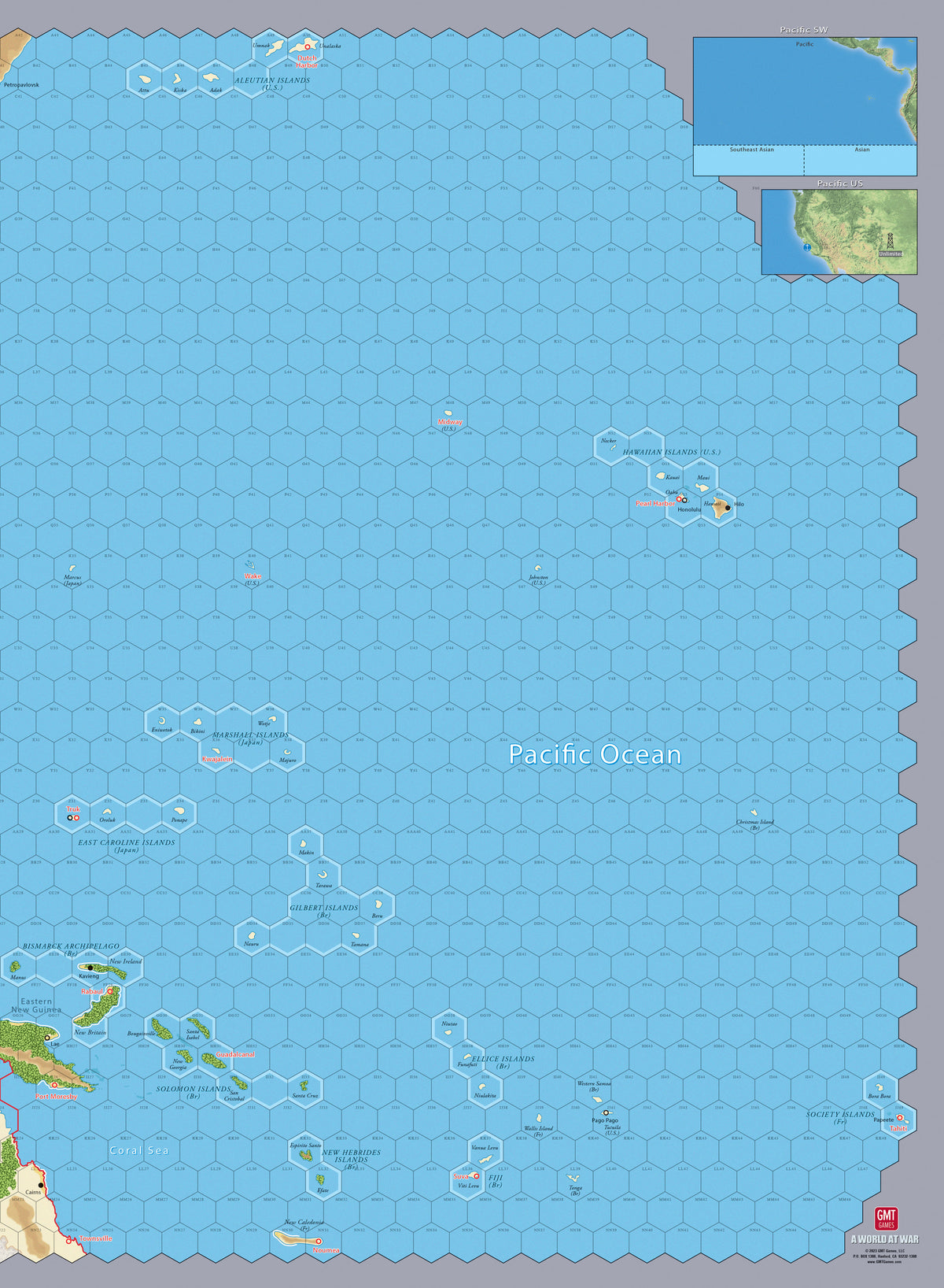 Detailed hex-grid wargame map of the Pacific Ocean, featuring major island chains, continents, and strategic naval bases