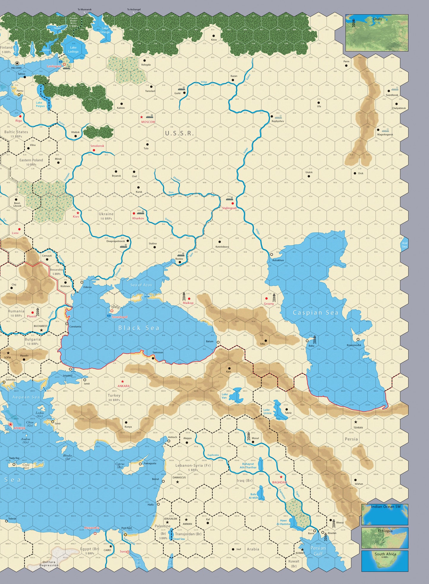 Hex-grid strategy game map of WWII Eastern Front, USSR, Europe, Middle East, and North Africa