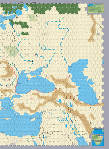 Hex-grid strategy game map of WWII Eastern Front, USSR, Europe, Middle East, and North Africa