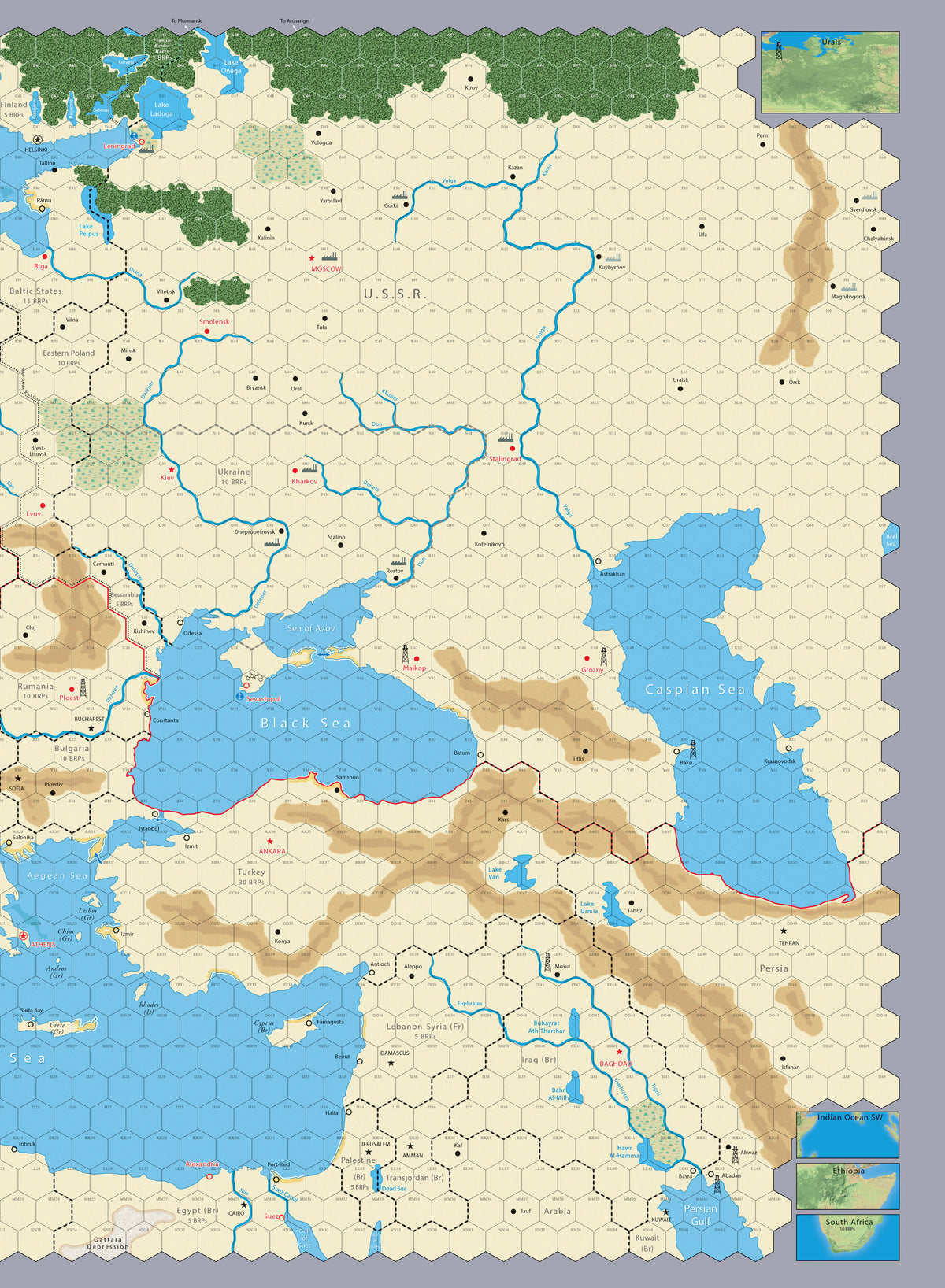 Hex-grid strategy game map of WWII Eastern Front, USSR, Europe, Middle East, and North Africa