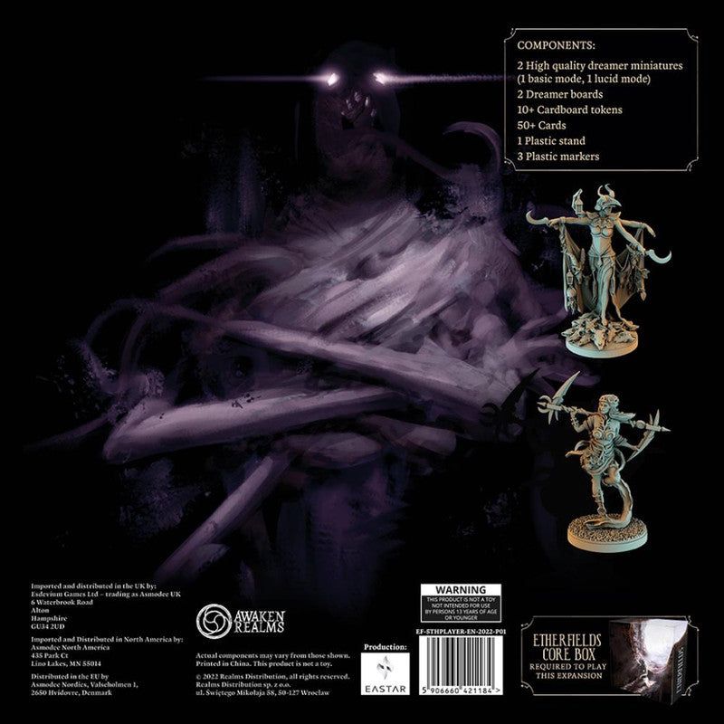 Etherfields 5th Player Expansion board game box art with shadowy figure two detailed dreamer miniatures and components list including cards and tokens