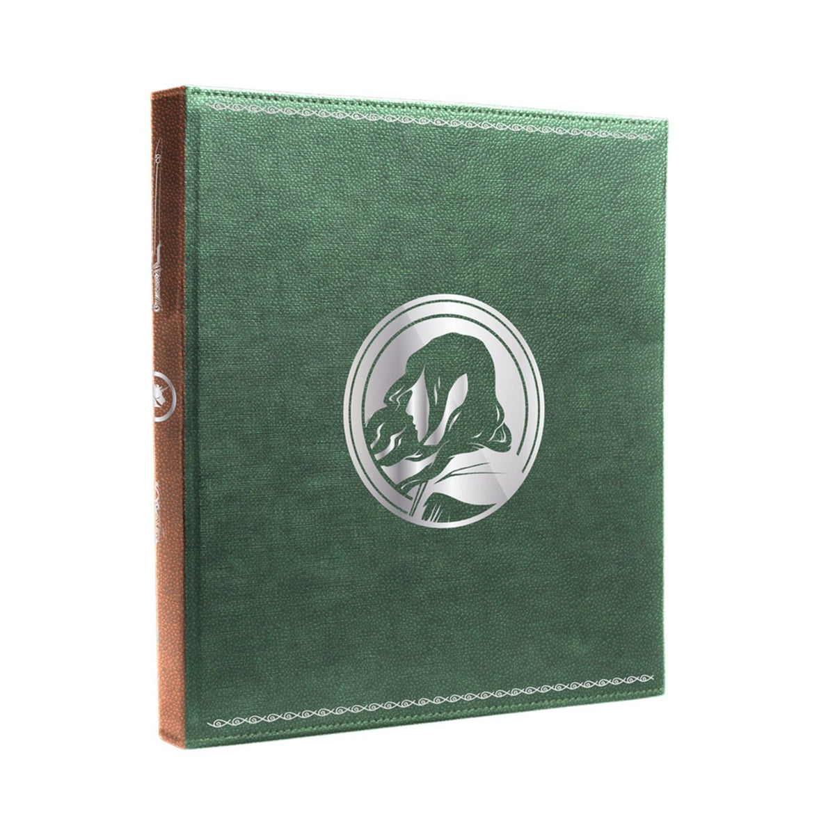 A textured deep green hardcover book features a silver circular emblem of a woman&#39;s profile, ornate silver borders, and a brown spine