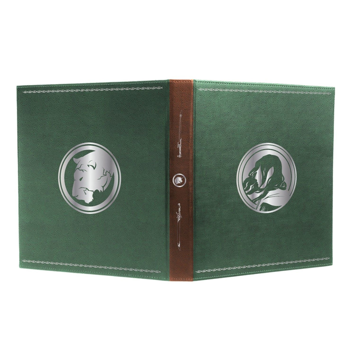A green book with a brown spine, featuring silver circular emblems of a lion&#39;s head and a flowing-haired profile
