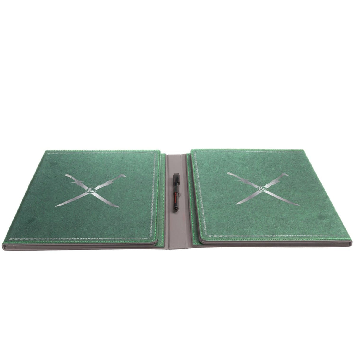 Open green portfolio with silver crossed swords emblem on each panel, a black pen in the center