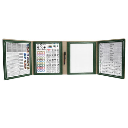 Open green four-panel TTRPG screen shows character sheets, a symbol key, battle grid, and pen