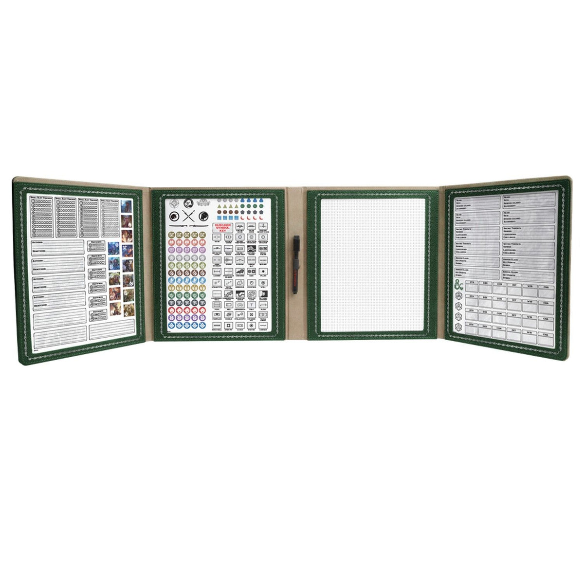 Open green four-panel TTRPG screen shows character sheets, a symbol key, battle grid, and pen