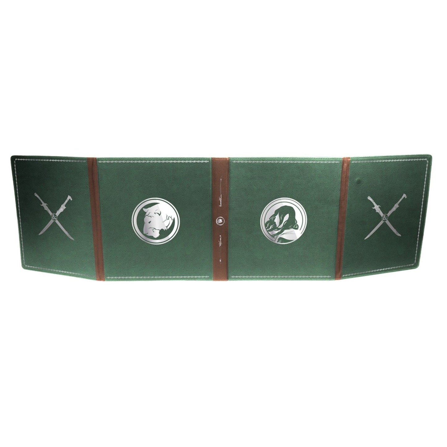 Green tri-fold screen with silver bull & dragon emblems, crossed swords, and brown trim