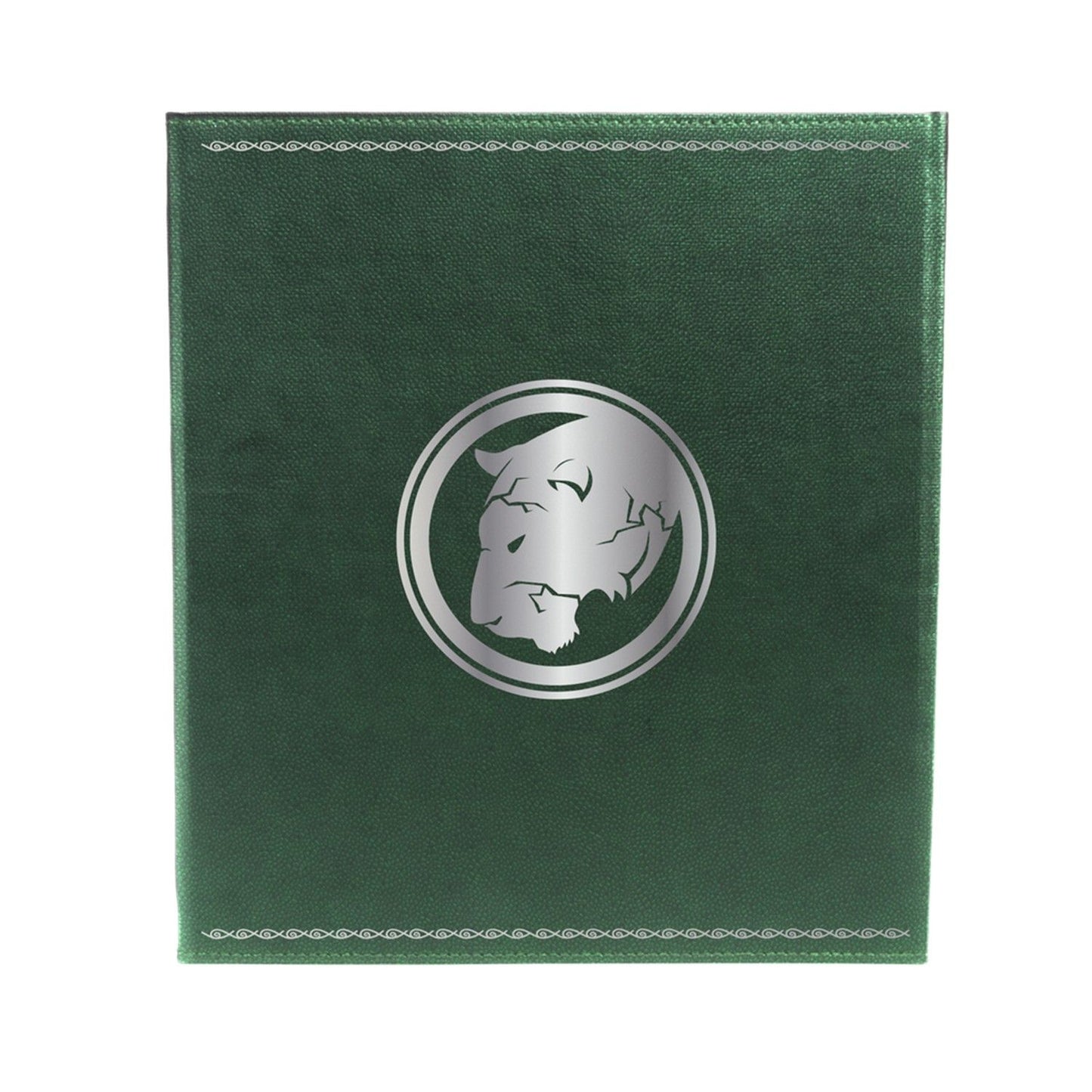 Dark green textured cover with a silver circular emblem of a stylized big cat head and ornate silver borders