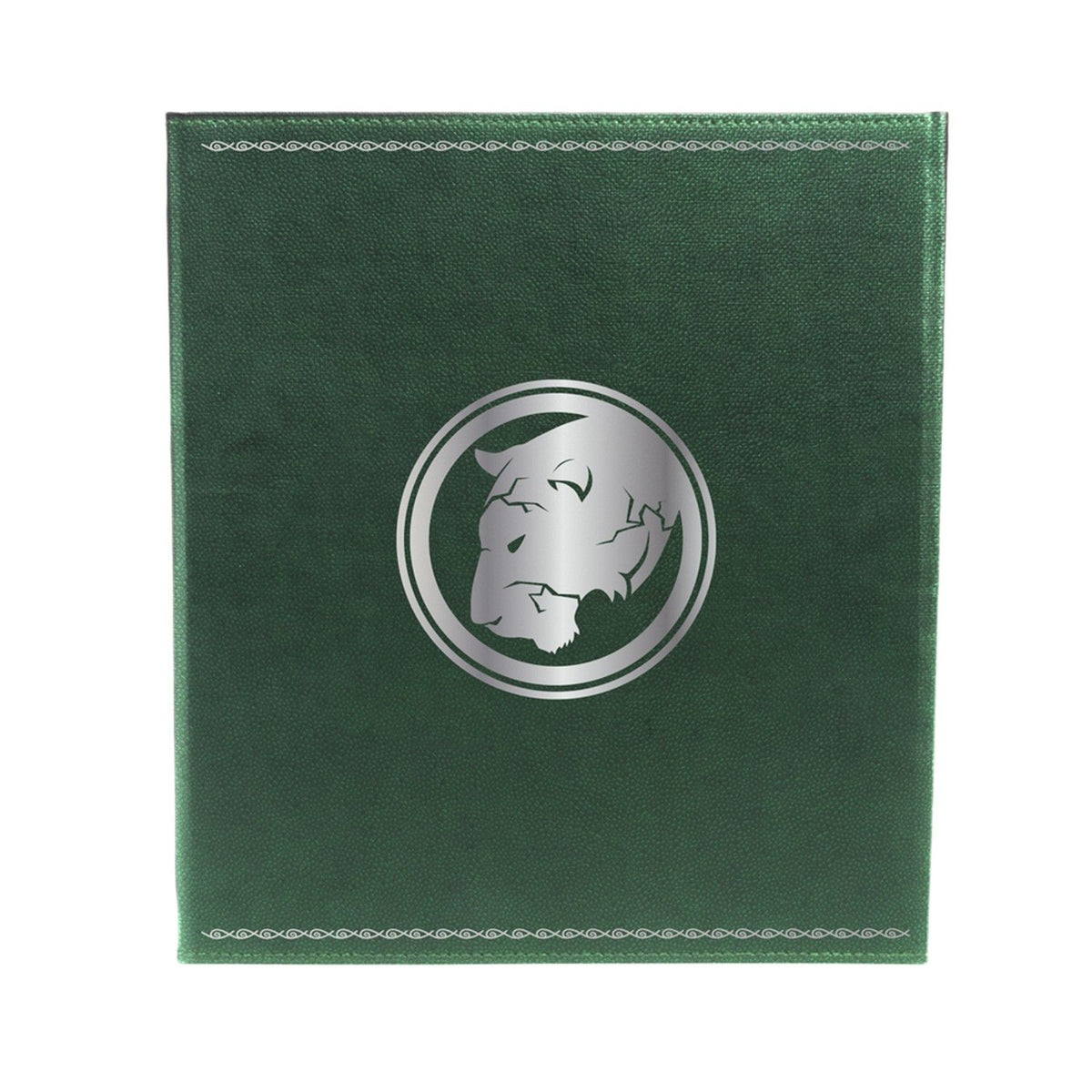 Dark green textured cover with a silver circular emblem of a stylized big cat head and ornate silver borders