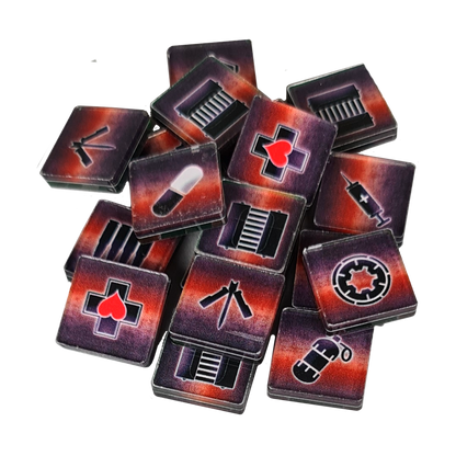 A pile of square, reddish-purple game tokens with combat and medical icons
