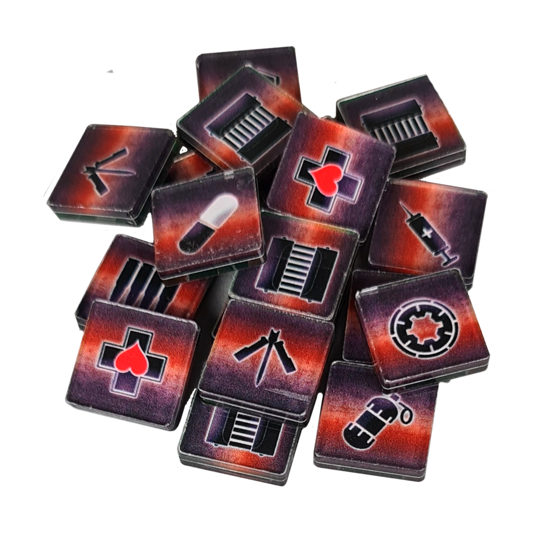 A pile of square, reddish-purple game tokens with combat and medical icons