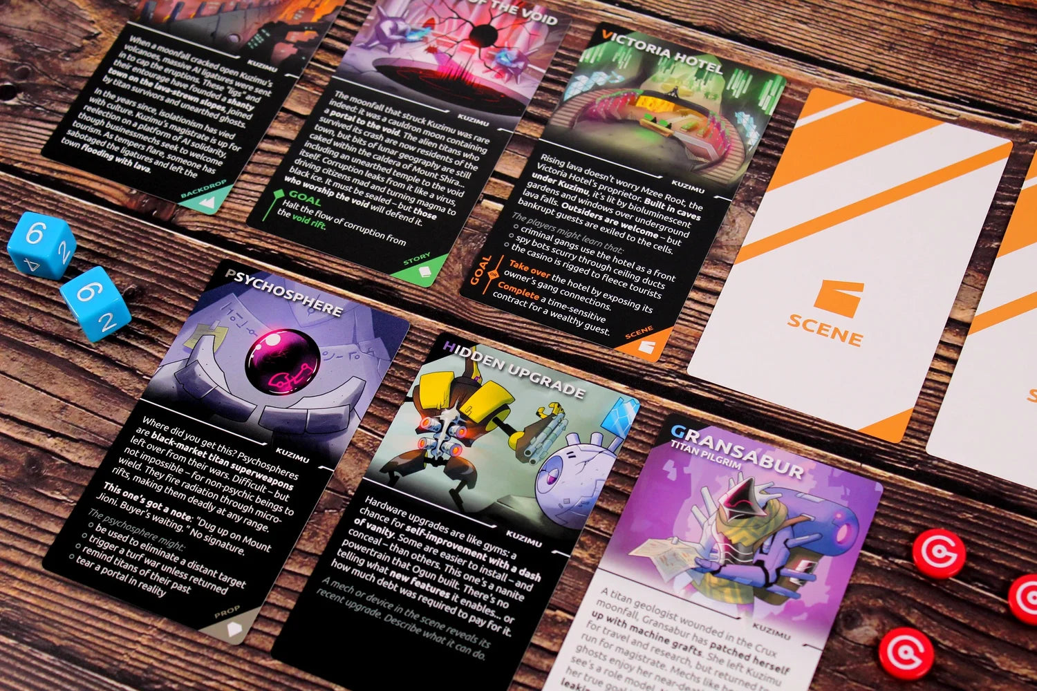 Vibrant sci-fi game cards, two blue dice, and red tokens arranged on a wooden tabletop