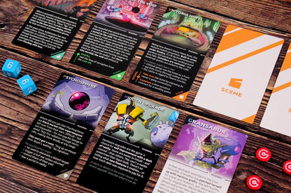 Vibrant sci-fi game cards, two blue dice, and red tokens arranged on a wooden tabletop