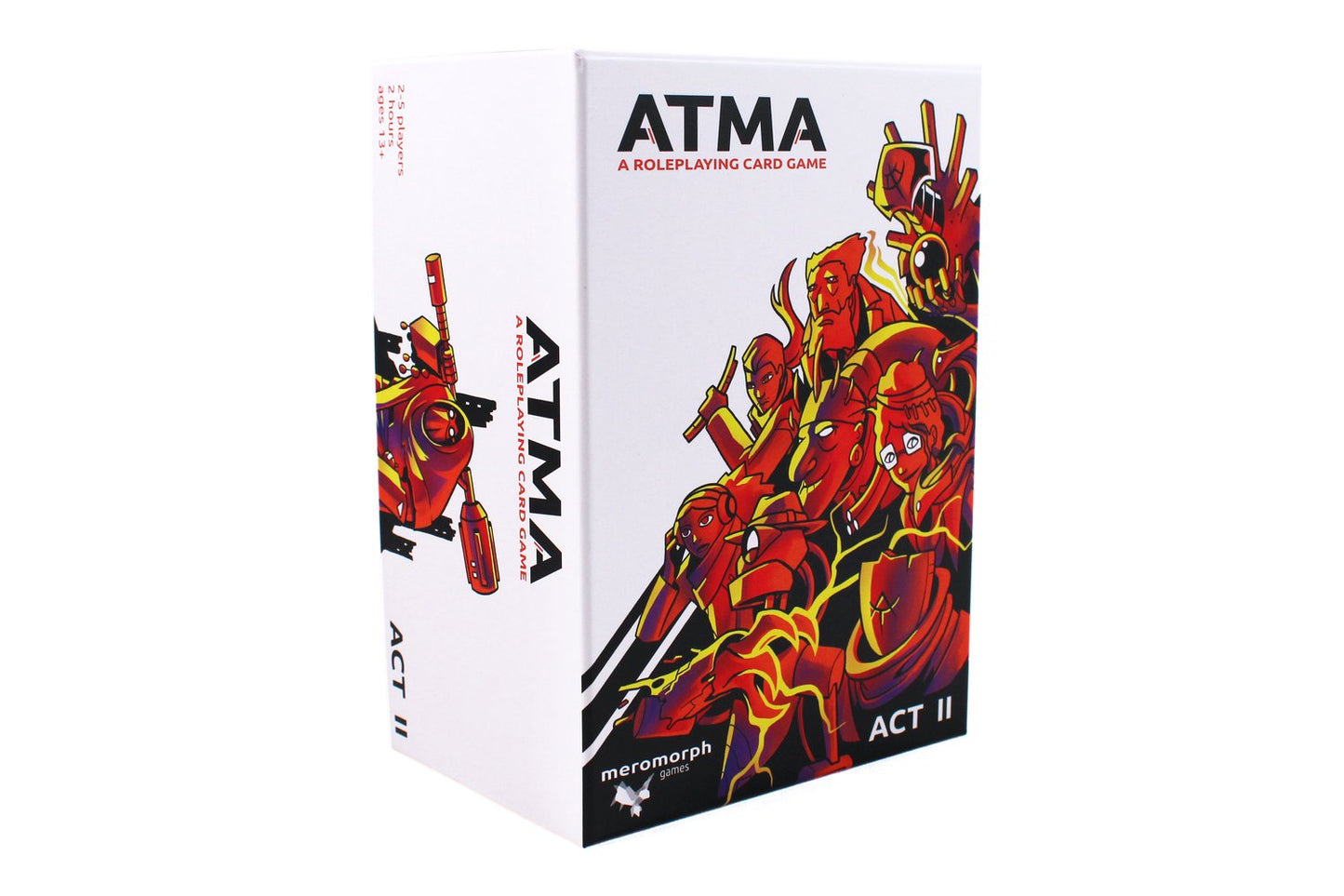 ATMA A Roleplaying Card Game Act II game box featuring red and orange stylized characters and a robot