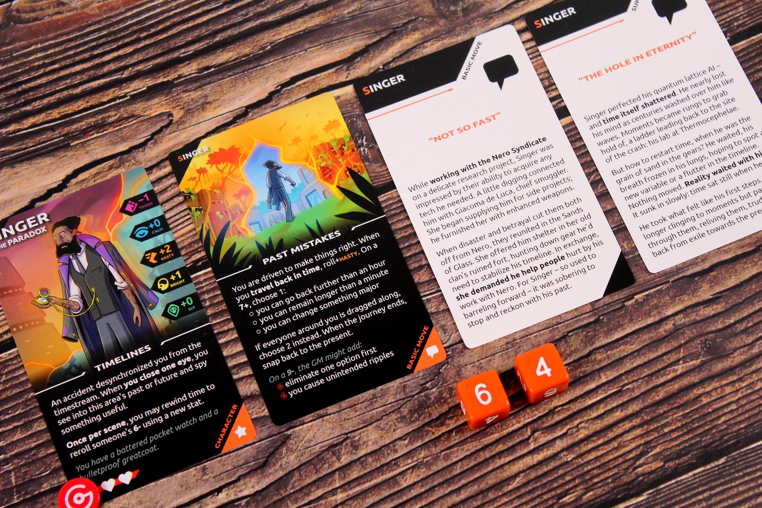 Three character cards and two orange dice with numbers on a rustic wood surface