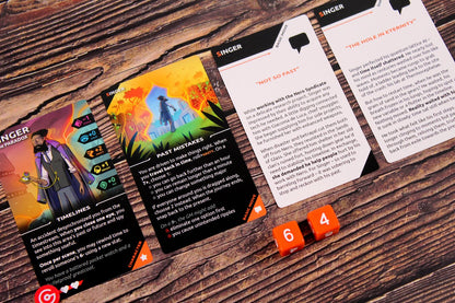 Three character cards and two orange dice with numbers on a rustic wood surface