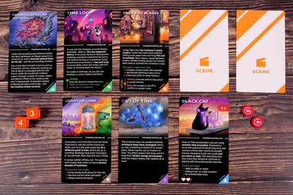 Top-down view of a tabletop game setup with several game cards dice and tokens spread across a wooden surface