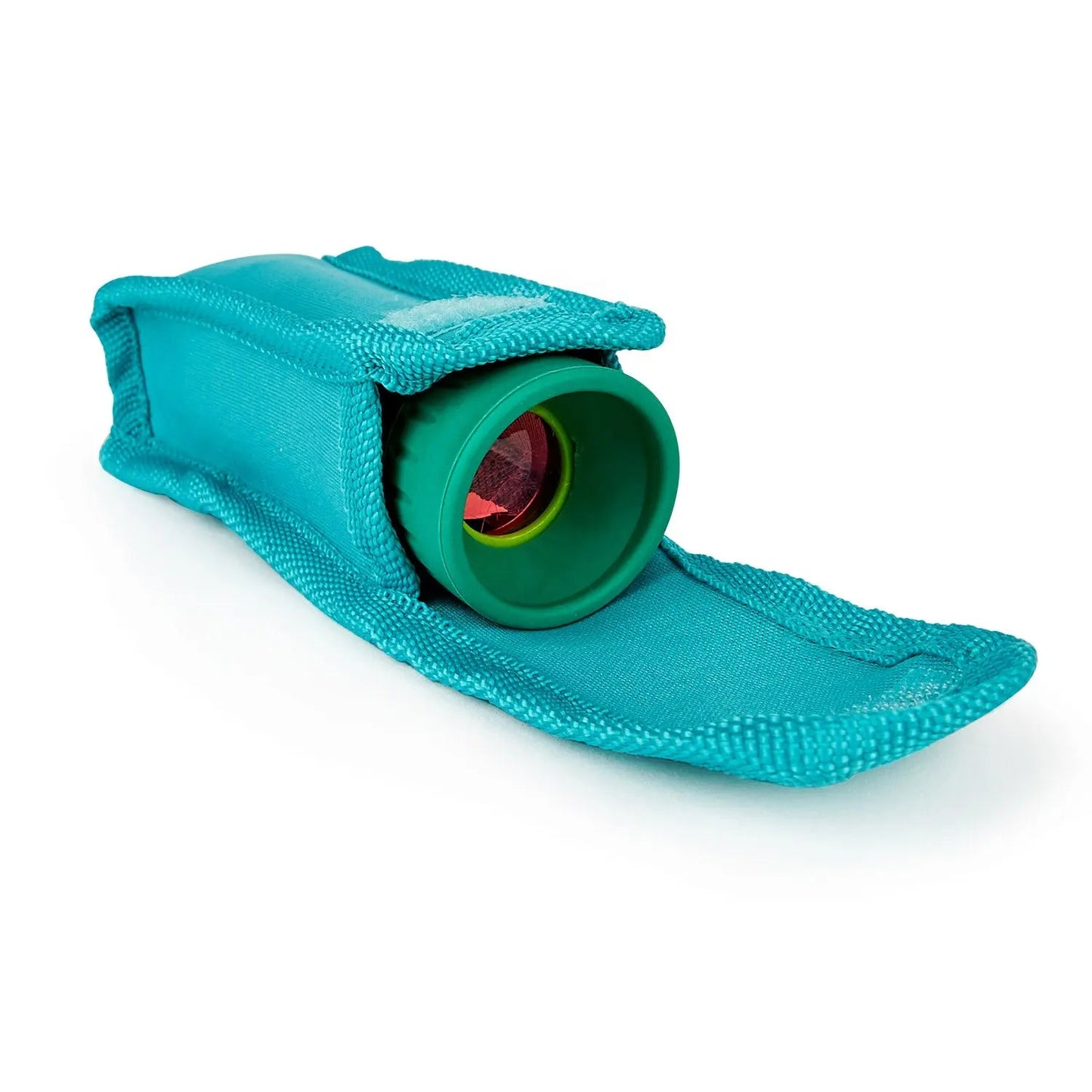 Green monocular emerging from an open teal carrying case