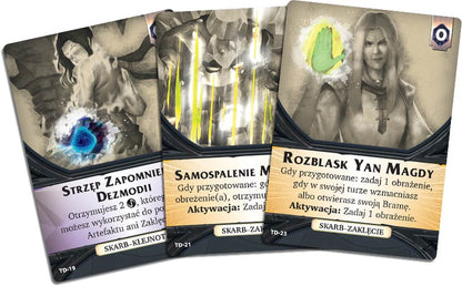Three fanned fantasy game cards Art depicts a glowing blue figure, abstract yellow energy, and a woman with a green hand
