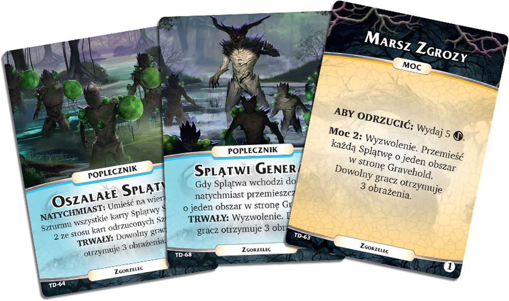 Three fantasy playing cards with monster art: treants and a horned demon in a swamp Polish game text is visible