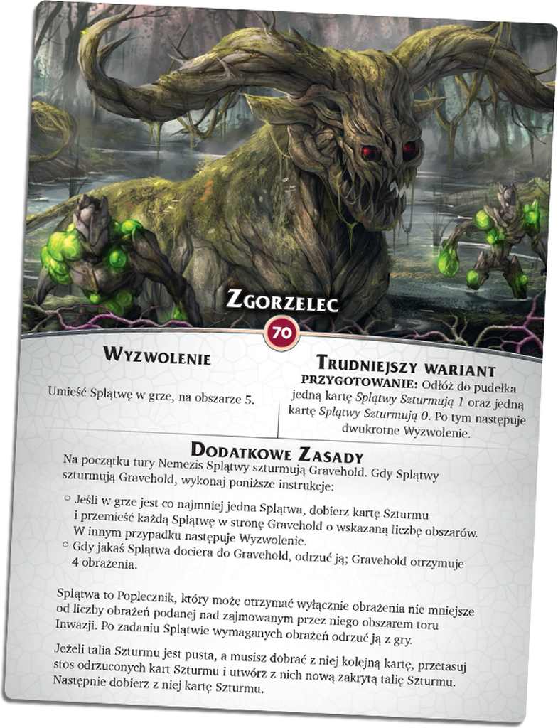 Game card: Large, gnarled tree monster with red eyes, flanked by two green glowing figures in a swamp