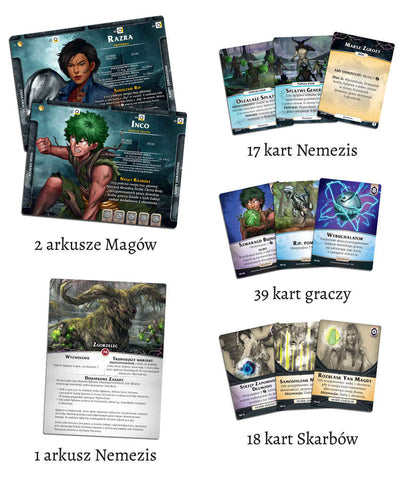 A collection of fantasy-themed game cards, including character sheets, player cards, nemesis cards, and treasure cards