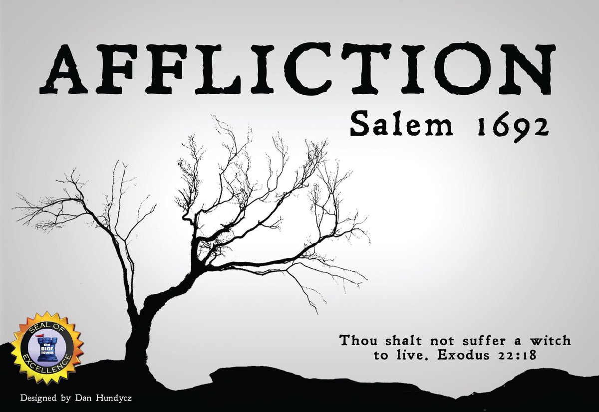 Black text &quot;AFFLICTION Salem 1692&quot; above a barren tree silhouette and a quote: &quot;Thou shalt not suffer a witch to live&quot;