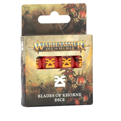 Warhammer Age of Sigmar Blades of Khorne dice set, red dice with yellow Khorne symbols displayed in a windowed box featuring armored warriors